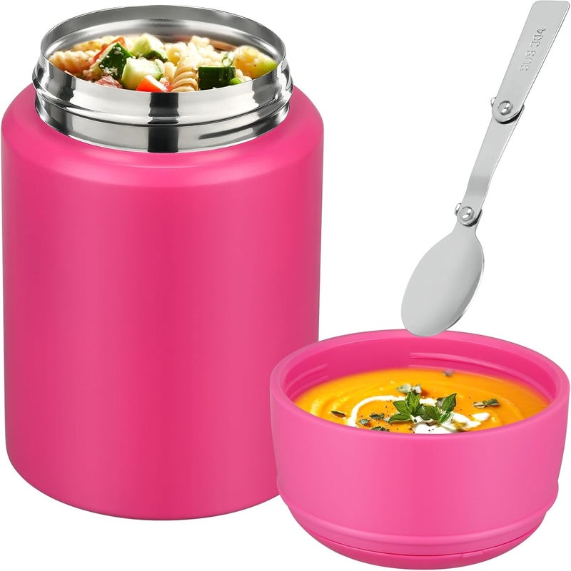 Aimsnk 17oz Soup Thermo for Hot Food Kids Insulated Food Jar,Thermo Hot Food Lunch Container, Width Mouth Stainless Steel Lunch Box for Kids with Handle Folding Spoon(Rose Red-Pure) - Image 2